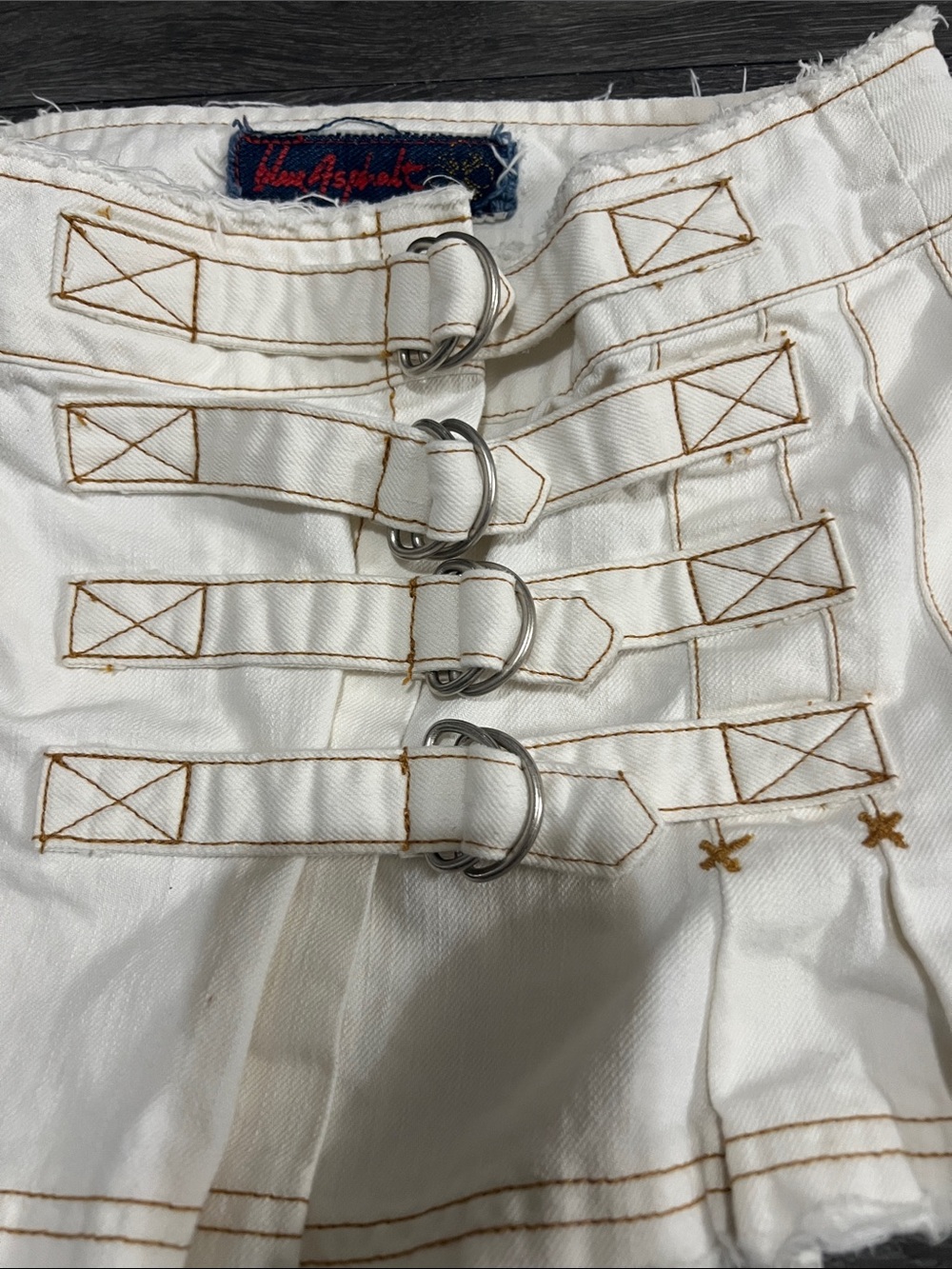 Blue Asphalt White Mini Skirt with Buckle Strap Accents - Picture 2 of 4